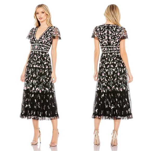 Mac Duggal 35104 Embroidered V-Neck Cap Sleeve Midi Dress NWT Black Multi Mac Duggal 35104 Embroidered V-Neck Cap Sleeve Midi Dress NWT Black Multi